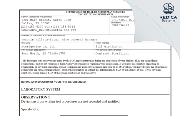 FDA 483 - Sterigenics U.S., LLC [Fort Worth / United States of America] - Download PDF - Redica Systems