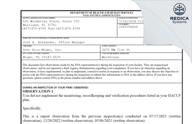 FDA 483 - Ocho Rios-Miami, Inc. [Miami / United States of America] - Download PDF - Redica Systems