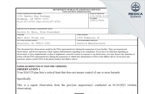 FDA 483 - Amor Nino Foods Inc [Honolulu / United States of America] - Download PDF - Redica Systems