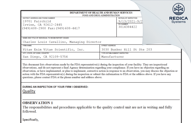 FDA 483 - Vitae Enim Vitae Scientific, Inc. [San Diego / United States of America] - Download PDF - Redica Systems