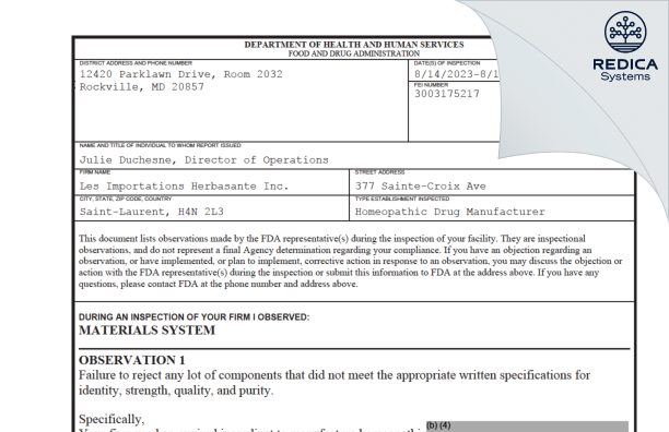 FDA 483 - Les Importations Herbasante Inc [Saint-Laurent / Canada] - Download PDF - Redica Systems