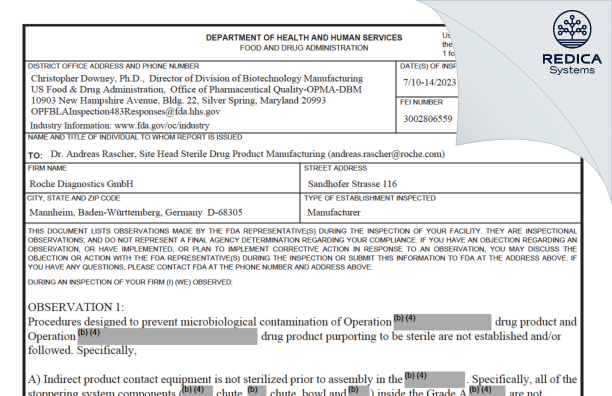 FDA 483 - Roche Diagnostics GmbH [Mannheim / Germany] - Download PDF - Redica Systems