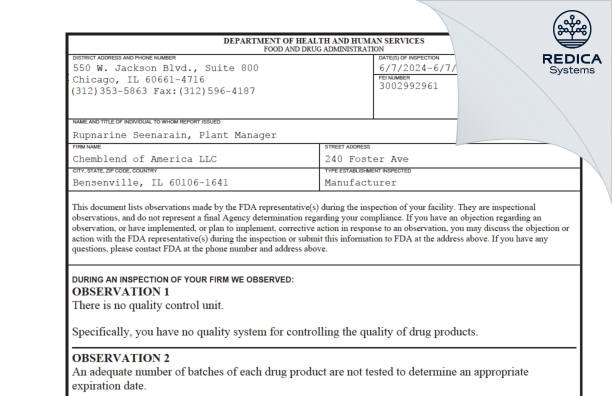 FDA 483 - Chemblend of America LLC [Bensenville / United States of America] - Download PDF - Redica Systems