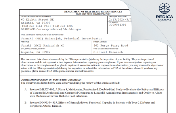 FDA 483 - Janaki (NMI) Nadarajah DPM [Augusta / United States of America] - Download PDF - Redica Systems