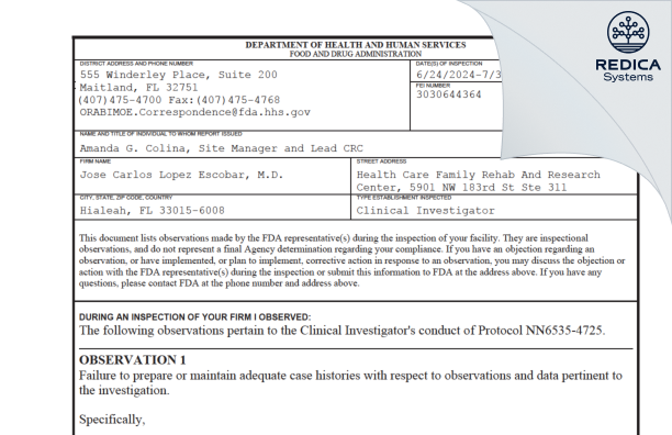 FDA 483 - Jose Carlos Lopez Escobar, M.D. [Hialeah / United States of America] - Download PDF - Redica Systems