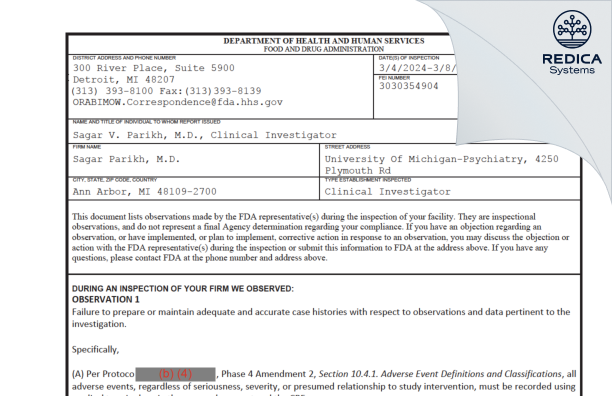 FDA 483 - Sagar Parikh, M.D. [Ann Arbor / United States of America] - Download PDF - Redica Systems