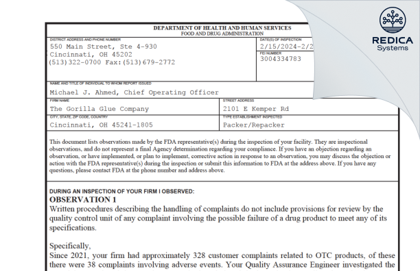 FDA 483 - The Gorilla Glue Company [Cincinnati / United States of America] - Download PDF - Redica Systems