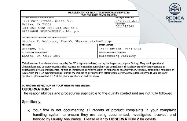 FDA 483 - Qualgen, LLC [Edmond / United States of America] - Download PDF - Redica Systems