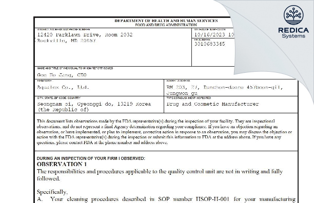 FDA 483 - Aqualex [Jungwon-Gu / Korea (Republic of)] - Download PDF - Redica Systems