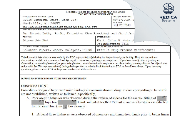 FDA 483 - BIOCON SDN.BHD. [Iskandar Puteri / Malaysia] - Download PDF - Redica Systems