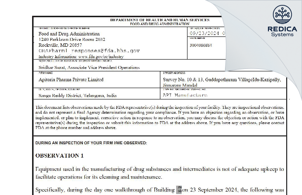 FDA 483 - Apitoria Pharma Private Limited [Patancheru / India] - Download PDF - Redica Systems