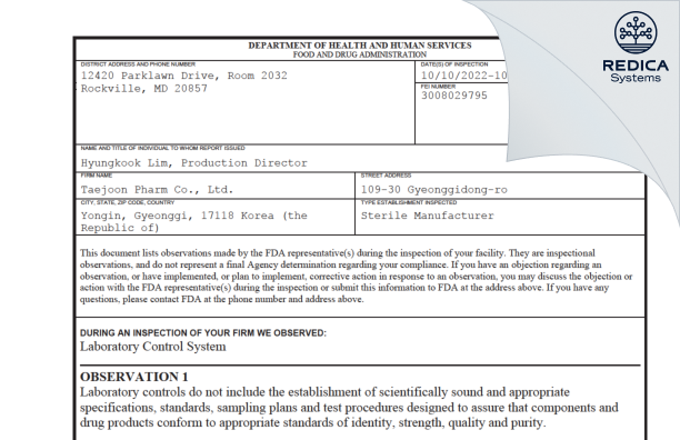 FDA 483 - Taejoon Pharmaceutical Co., Ltd. [Cheoin-Gu / Korea (Republic of)] - Download PDF - Redica Systems