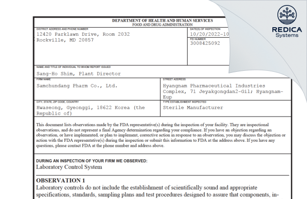 FDA 483 - SamChunDang Pharm Co, Ltd [Hyangnam-Eup / Korea (Republic of)] - Download PDF - Redica Systems