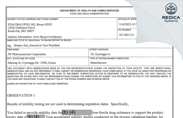 FDA 483 - JW PHARMACEUTICAL CORPORATION [Gyeonggi-Do / Korea (Republic of)] - Download PDF - Redica Systems