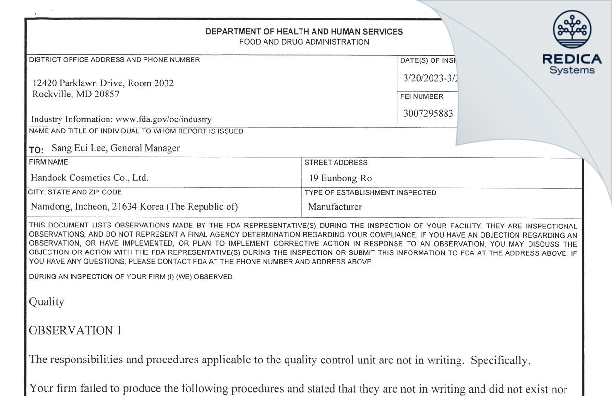 FDA 483 - Handock Cosmetics Co., Ltd. [Chemulpo / Korea (Republic of)] - Download PDF - Redica Systems