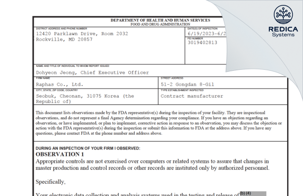 FDA 483 - RAPHAS CO.,LTD [Seobuk-Gu / Korea (Republic of)] - Download PDF - Redica Systems