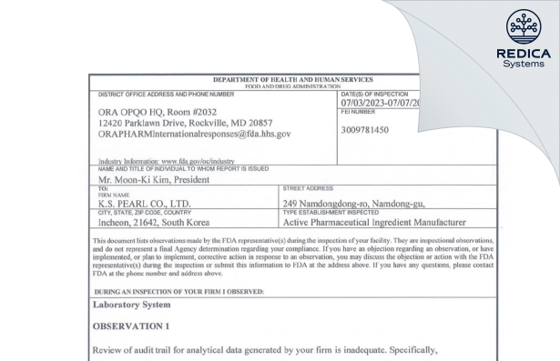 FDA 483 - K.S.PEARL CO., LTD. [Incheon / Korea (Republic of)] - Download PDF - Redica Systems