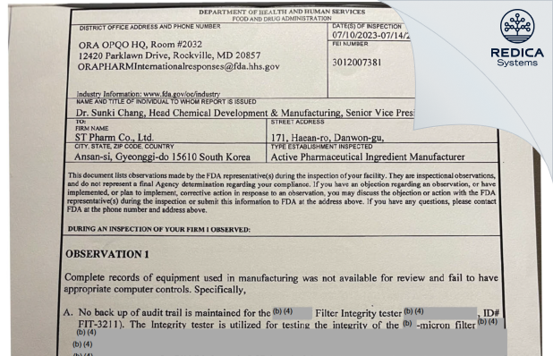 FDA 483 - ST Pharm Co., Ltd. [Danwon-Gu / Korea (Republic of)] - Download PDF - Redica Systems