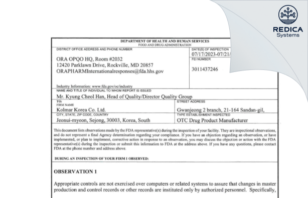 FDA 483 - KOLMAR KOREA CO., LTD Gwanjeong 2 branch [Sejong / Korea (Republic of)] - Download PDF - Redica Systems