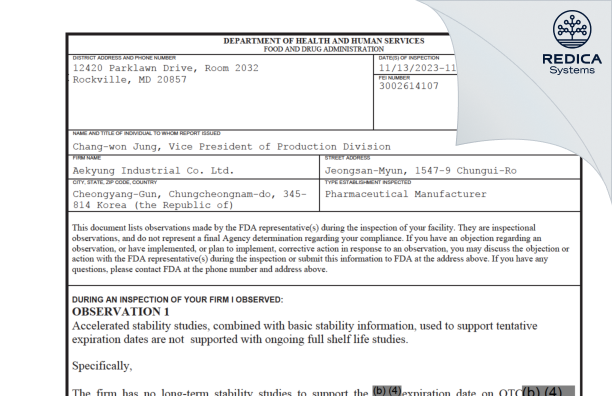 FDA 483 - Aekyung Industrial Co., Ltd. [Jeongsan-Myeon / Korea (Republic of)] - Download PDF - Redica Systems