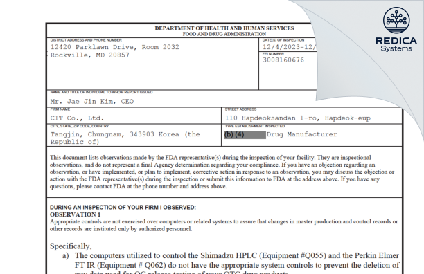 FDA 483 - Cit Co., Ltd. [Chungcheongnam-Do / Korea (Republic of)] - Download PDF - Redica Systems