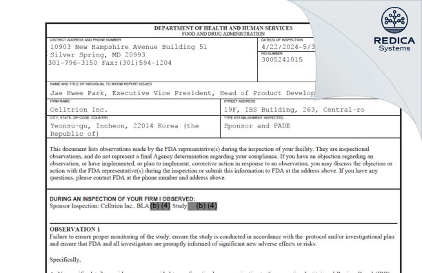 FDA 483 - CELLTRION Inc [Incheon / Korea (Republic of)] - Download PDF - Redica Systems