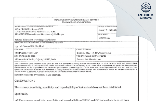 FDA 483 - SUMAR BIOTECH LLP [Mehsana Sub-District / India] - Download PDF - Redica Systems