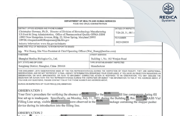 FDA 483 - Shanghai Henlius Biologics Co.,Ltd [Songjiang / China] - Download PDF - Redica Systems