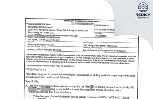 FDA 483 - Samsung Biologics Co., Ltd. [Incheon / Korea (Republic of)] - Download PDF - Redica Systems