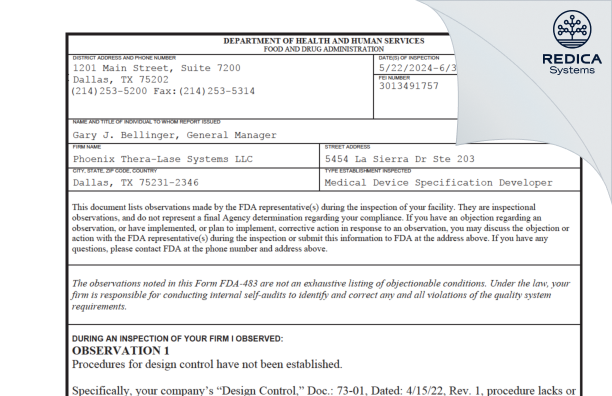 FDA 483 - Phoenix Thera-Lase Systems LLC [Dallas / United States of America] - Download PDF - Redica Systems