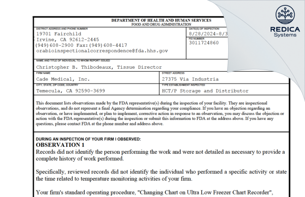 FDA 483 - Cade Medical, Inc. [Temecula / United States of America] - Download PDF - Redica Systems