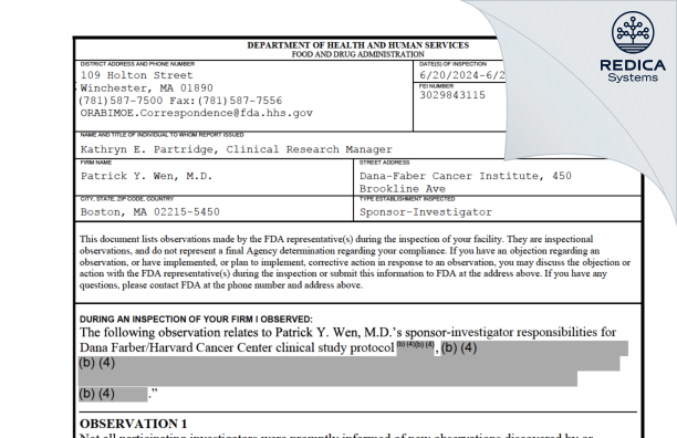 FDA 483 - Patrick Y. Wen, M.D. [Boston / United States of America] - Download PDF - Redica Systems