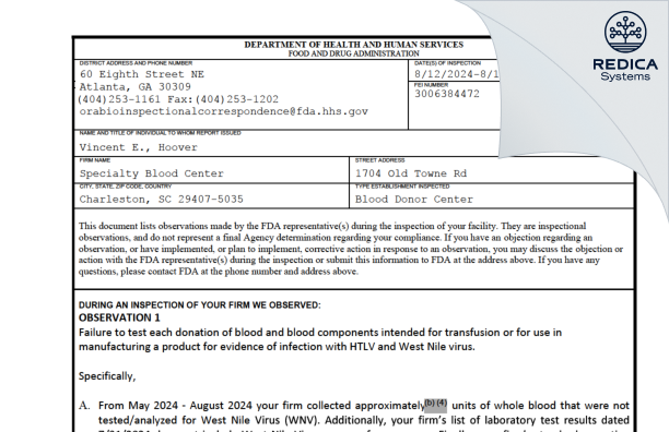 FDA 483 - Vitrologic, Inc., dba Specialty Blood Center [Charleston / United States of America] - Download PDF - Redica Systems