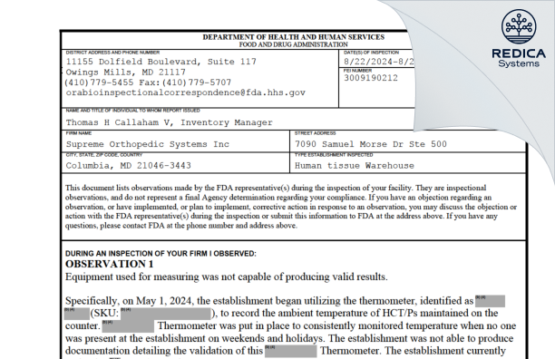 FDA 483 - Supreme Orthopedic Systems Inc [Marriottsville / United States of America] - Download PDF - Redica Systems