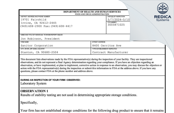 FDA 483 - Sanitor Corporation [Stanton / United States of America] - Download PDF - Redica Systems