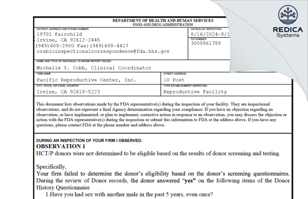 FDA 483 - Pacific Reproductive Center, Inc. [Irvine / United States of America] - Download PDF - Redica Systems