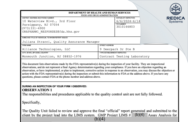 FDA 483 - Alliance Technologies, LLC [Monmouth Junction / United States of America] - Download PDF - Redica Systems