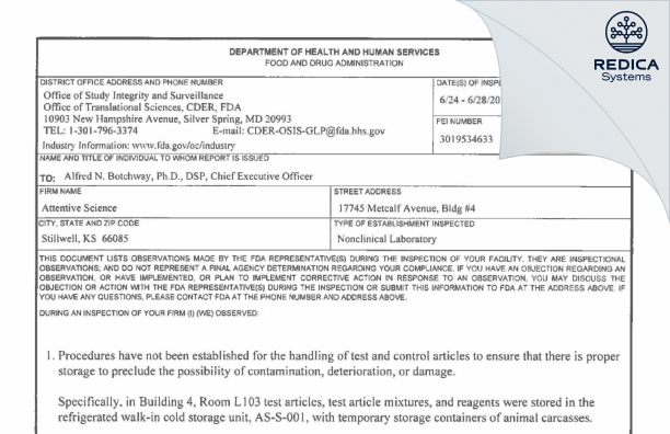 FDA 483 - ATTENTIVE SCIENCE LLC [Stilwell / United States of America] - Download PDF - Redica Systems