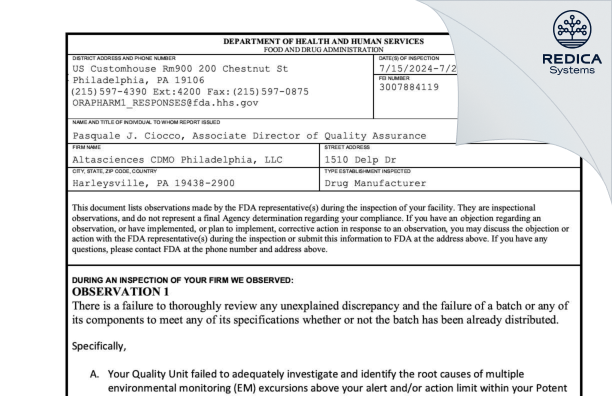 FDA 483 - Altasciences CDMO Philadelphia [Harleysville / United States of America] - Download PDF - Redica Systems