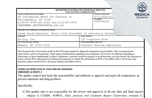 FDA 483 - MIDI Labs, Inc. [Newark / United States of America] - Download PDF - Redica Systems