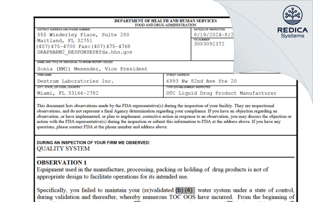 FDA 483 - Dextrum Laboratories Inc. [Miami / United States of America] - Download PDF - Redica Systems