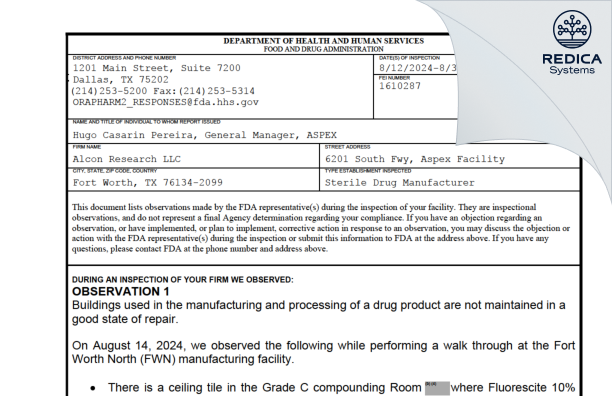 FDA 483 - Alcon Research, LLC [Fort Worth / United States of America] - Download PDF - Redica Systems