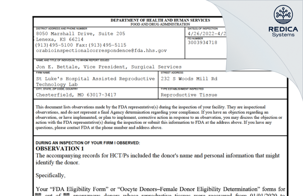 FDA 483 - St Luke's Hospital Assisted Reproductive Technology Lab [Chesterfield / United States of America] - Download PDF - Redica Systems