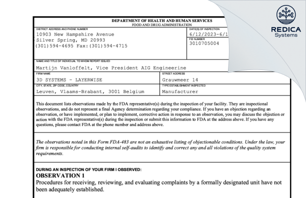 FDA 483 - 3D SYSTEMS - LAYERWISE [Leuven / Belgium] - Download PDF - Redica Systems