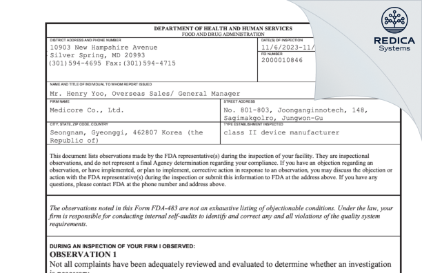 FDA 483 - Medicore Co., Ltd. [Jungwon-Gu / Korea (Republic of)] - Download PDF - Redica Systems