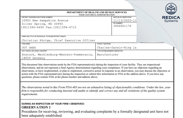 FDA 483 - DOT Gmbh [Rostock / Germany] - Download PDF - Redica Systems