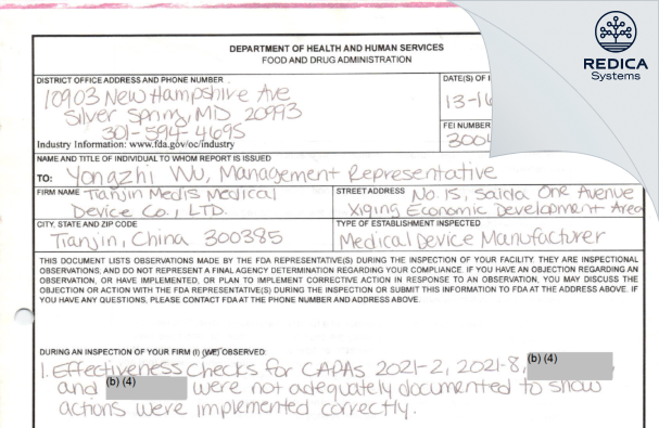 FDA 483 - Tianjin Medis Medical Device Co., LTD. [Oshima / Japan] - Download PDF - Redica Systems