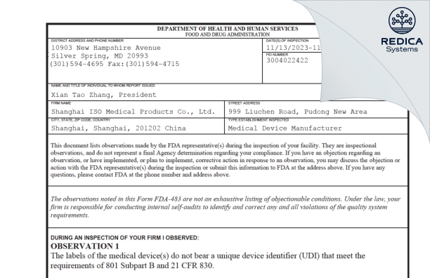 FDA 483 - Shanghai ISO Medical Products Co., Ltd. [Xin’ancun / China] - Download PDF - Redica Systems