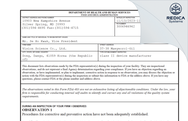 FDA 483 - Vision Science Co., Ltd. [- / Korea (Republic of)] - Download PDF - Redica Systems