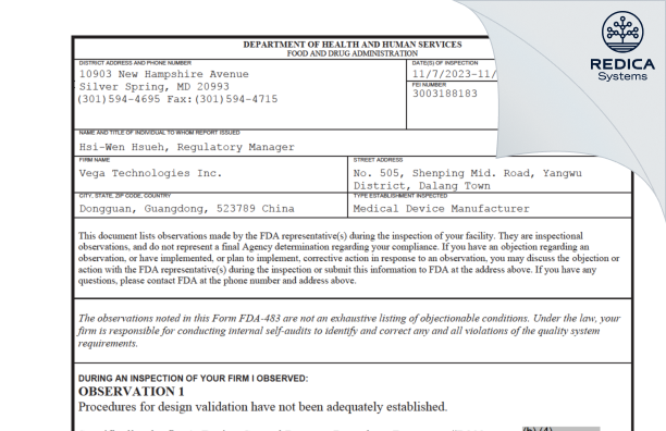 FDA 483 - Vega Technologies Inc. [Dalang / China] - Download PDF - Redica Systems